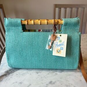 Fossil Aqua Woven Crossbody Bag with Bamboo Handle New with Tags